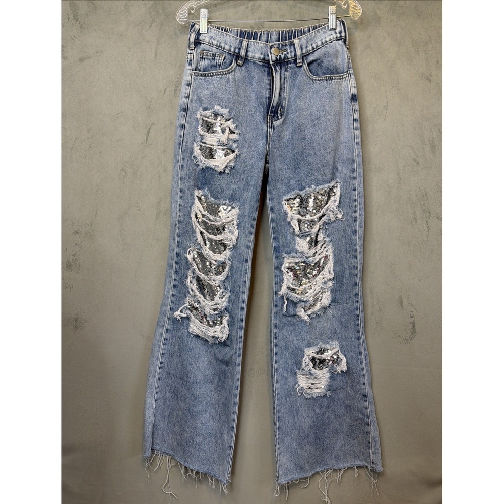 OH Jeans Women's S Wide Leg Distressed Sequin Denim Jeans Light Wash Boho